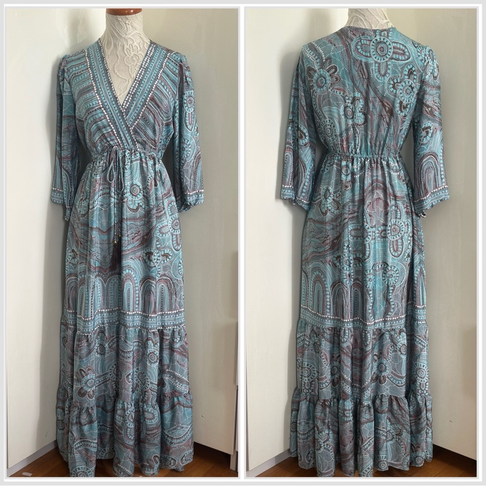 Bigg Bull by Cam Blue Pasley Print Silk Blend Maxi Bohemian Dress sz S/M